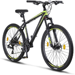 Гірський велосипед Licorne Bike Diamond Premium 27.5'' алюмінієвий, 21 швидкість, дискові гальма, регульована вилка, чорний-лайм, для хлопців, дівчат, чоловіків і жінок