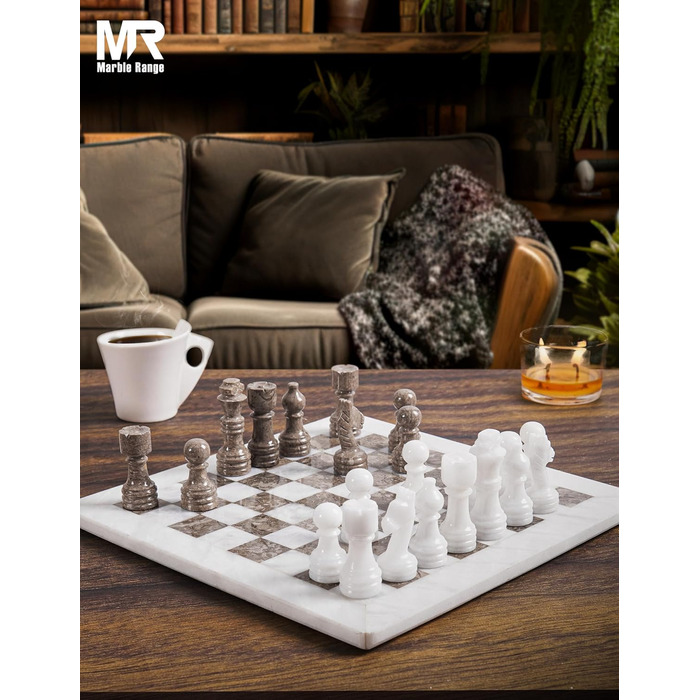 Шаховий набір з мармуру для дорослих, ручної роботи, 32 фігури, 2 додаткові королеви, коробка для зберігання, подарунок, декор (Кораловий & Темно-коричневий) (Білий & Океанічний)