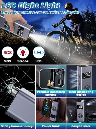 Електричний компресор BIBURY 9000mAh, 150 PSI, портативний насос для авто, мото, велосипедів і м'ячів з LED-дисплеєм та ліхтарем