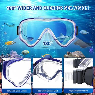 Набір для снорклінгу для дітей з ластами, маска з антизапітнінням 180° панорамний огляд, регульовані плавальні ласти та преміум сухий снорк, 3 в 1 набір для снорклінгу для дітей з сумкою, L/XL(31-36), блакитний