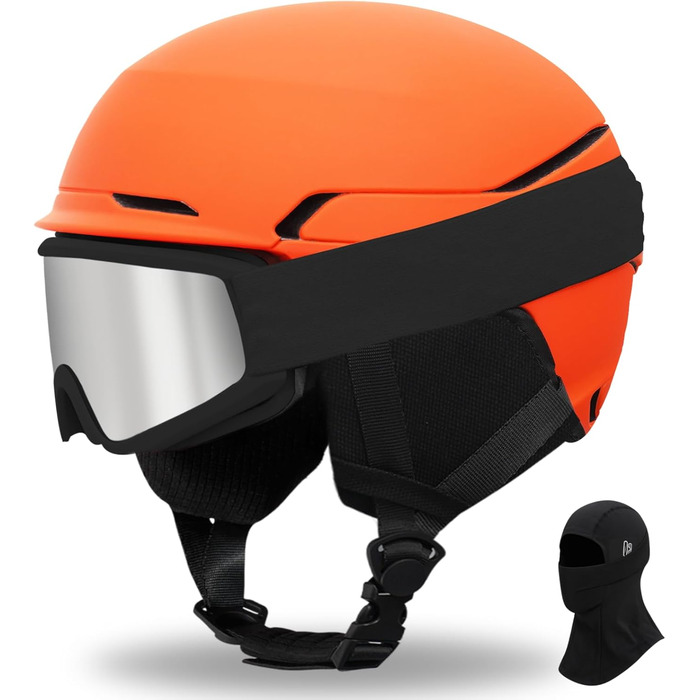 Шкільний шолом для сноуборду та лиж DXH811: унісекс, знятні навушники, вентиляція, захист від UV, регульований, матовий помаранчевий (шолом + маска + захист обличчя, M)