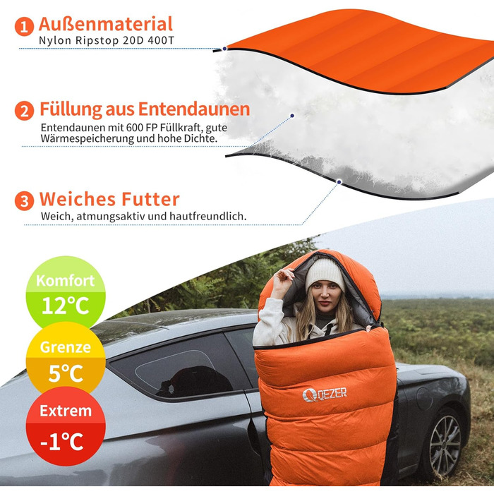 Сплячий мішок пуховий зимовий, 600FP+ преміум-пух, 12°C -24°C, легкий та теплий для 3-4 сезонів, кемпінг, трекінг, походи, оранжевий