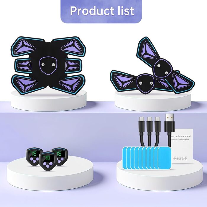 Електричний стимулятор м'язів пресу EMS, тренувальний пристрій з 10 гелевими електродами, 6 режимів та 15 рівнів інтенсивності, для пресу, рук та ніг