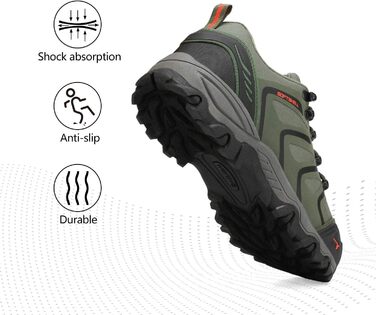Чоловічі водонепроникні трекінгові черевики NORTIV - низькі, легкі, для хайкінгу, кемпінгу, туризму (44 EU, широка колодка, армійний зелений, чорний, помаранчевий)