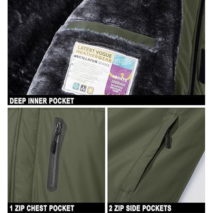 Куртка для сноубордингу та лижного спорту MAGCOMSEN чоловіча, водонепроникна, тепла, з флісовою підкладкою, вітрозахисна, для активного відпочинку та походів, знімний капюшон (M, хакі)