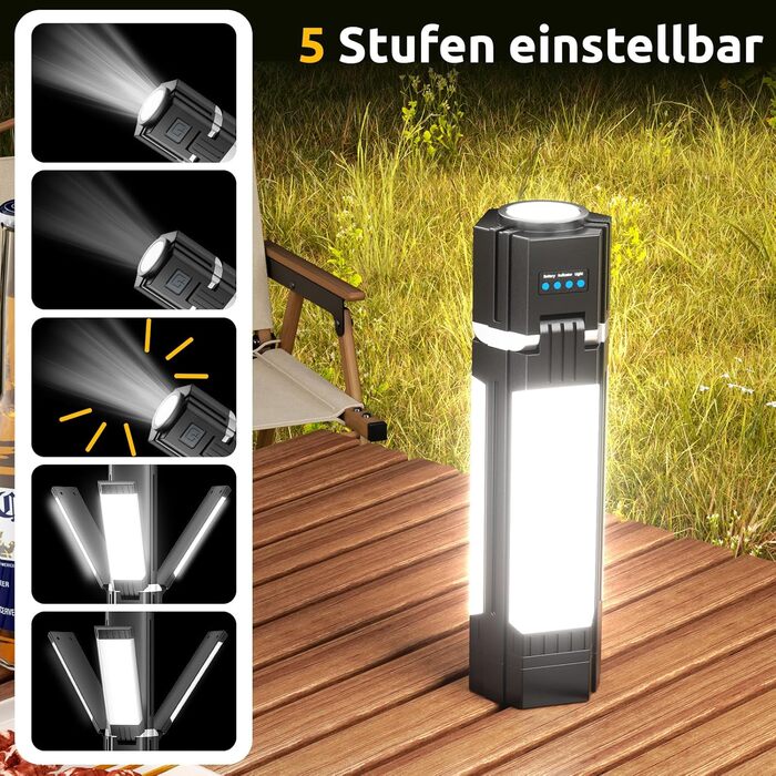 Тeleskopна кемпінгова лампа: LED-ліхтар з 5 режимами освітлення, магнітна, складна, для кемпінгу, походу, надзвичайних ситуацій (чорний)