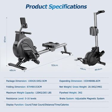 YOLEO Веслувальний тренажер магнітний, тихий для дому, 15 рівнів опору, LCD-дисплей, чорний та білий