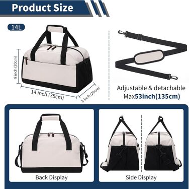 Спортивна сумка маленька з відділенням для мокрого, 35×20×20 см, ручна поклажа, міні-дуфіль, з кількома відділеннями для спорту, відпочинку, коротких подорожей (бежева)