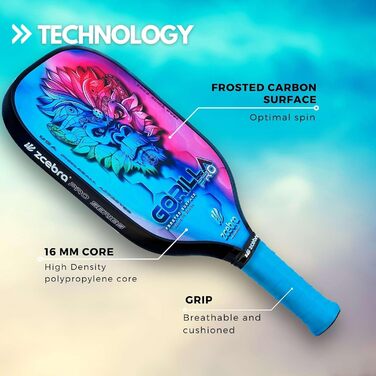 Ракетка для піклболу ZCEBRA Gorilla Pro Rainbow, графітова, 16 мм, поліпропіленовий стільниковий сердечник, текстурована поверхня, чохол неопрений