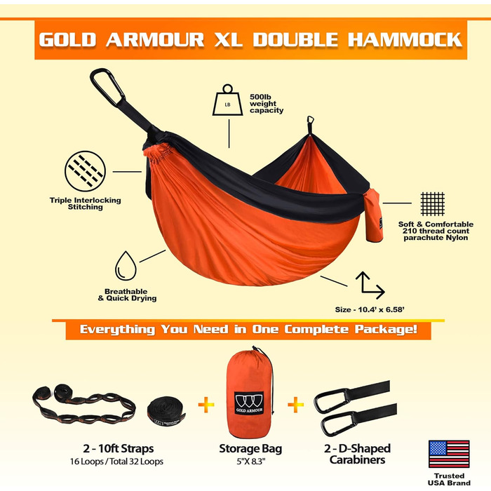 Гамак для кемпінгу Gold Armour - великий двомісний гамак з парашутної тканини (2 петлі для кріплення, 29 кольорів/мотивів) Легкий нейлон для дорослих та дітей, (Зелений) (Помаранчевий / Чорний)