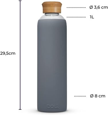 Скляна пляшка Doli з силіконовим чохлом, 1 л, сіра, для гарячих та газованих напоїв, герметична, без BPA, підходить для миття в посудомийній машині
