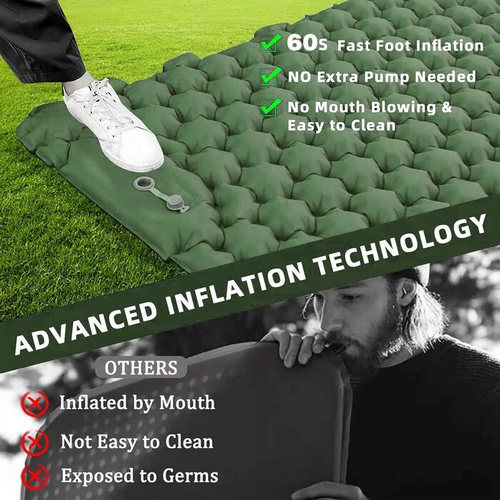 Карет самонадувна ізольована килимок для кемпінгу з подушкою, водонепроникний ультралегкий килимок для сну для відпочинку на природі, походів та подорожей (зелений)