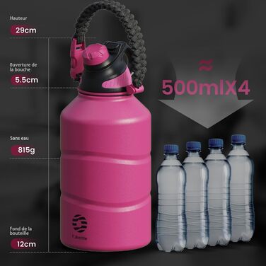 Термос Fjbottle 1900 мл з нержавіючої сталі, магнітна кришка, BPA Free, подвійна стінка, для газованої води, спортивна пляшка для води, університет, спортзал, кемпінг, аутдор, колір магента