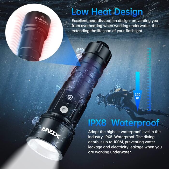 Ліхтар Xtar D26 для підводної фотографії, 1100 Lm, водонепроникний до 100 м, з бічним перемикачем