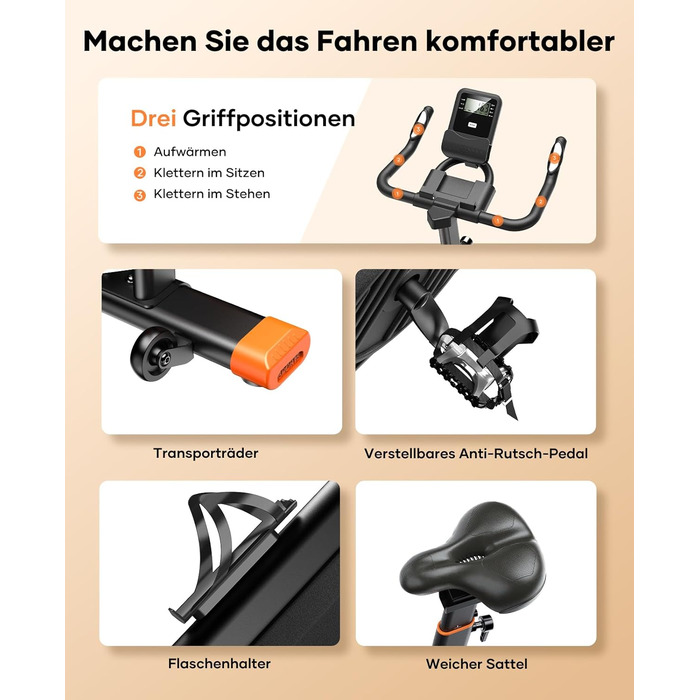 Велотренажер Neu Toputure з вимірюванням пульсу, 15 кг маховик, магнітний опір, до 160 кг, тримач для планшета, тримач для напоїв, помаранчевий