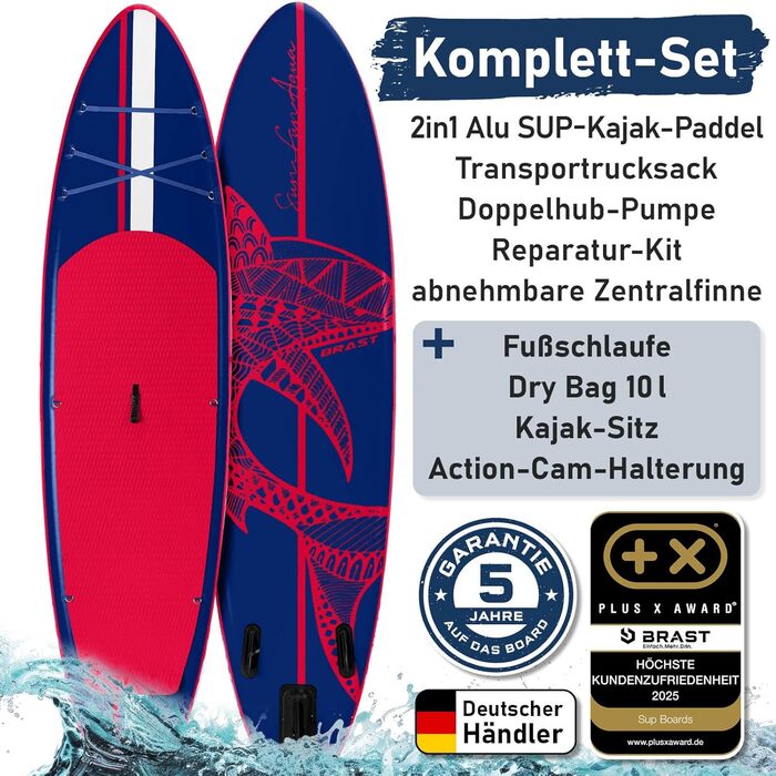 SUP Board BRAST Shark надувний, 320x81x15 см, комплект: весло, сидіння для каяка, тримач для камери, насос, рюкзак, блакитний