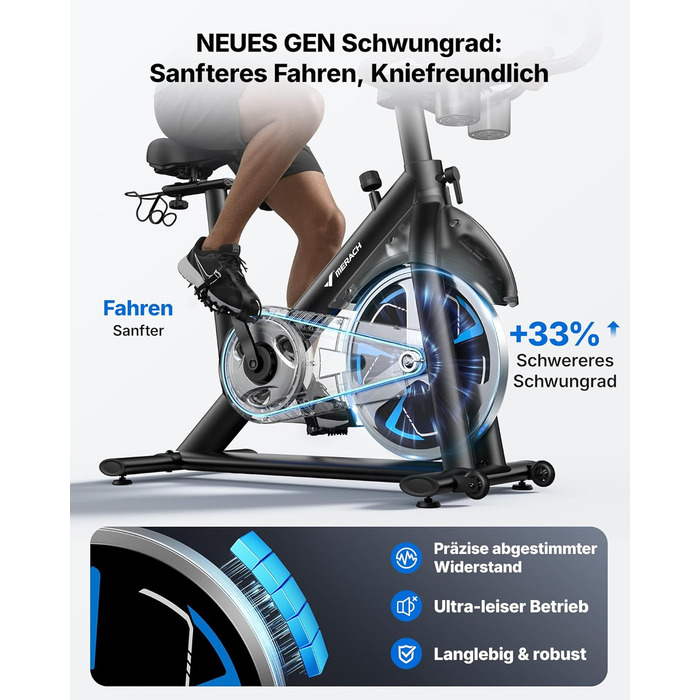 Велотренажер MERACH з магнітним опором, тихий, з покращеним амортизованим сидінням, власний додаток, стабільний H-фрейм, до 150 кг, блакитний з екраном
