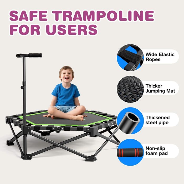 Трамплін для фітнесу MOMODA складаний, з ручкою, діаметр 106 см, зелений. Підходить для дітей та дорослих.