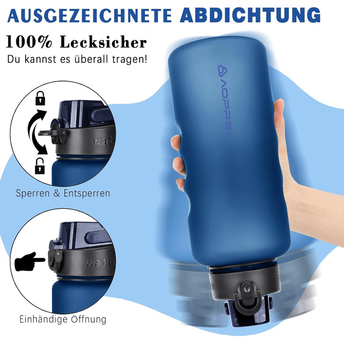 Спортивна пляшка для води AOPREL 1.5Л з фільтром, Tritan BPA-free, герметична пляшка для фітнесу, походів та офісу (Темно-синя)