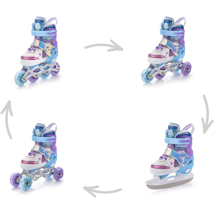 Дитячі ролики 4-в-1 Meteor Mermaid – регульовані, ABEC-7, PU-колеса, алюмінієвий фрейм, розміри XS-M