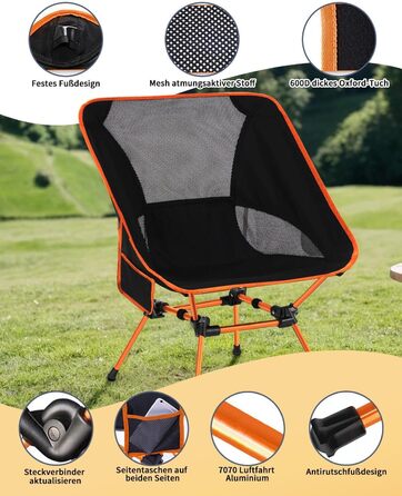 Складний туристичний стілець для кемпінгу з сіткою та кишенями, вантажопідйомність 150 кг, оранжевий