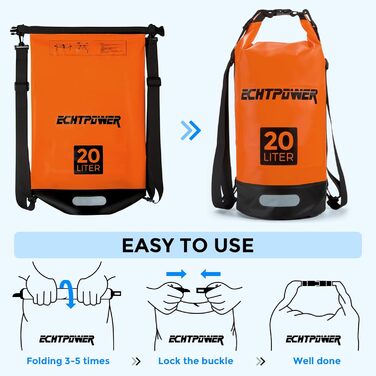 Водонепроникний мішок ECHTPower Dry Bag 5L/10L/20L для плавання, каякінгу, SUP з регульованим ремінцем та світловідбиваючими смугами (зелений, помаранчевий)