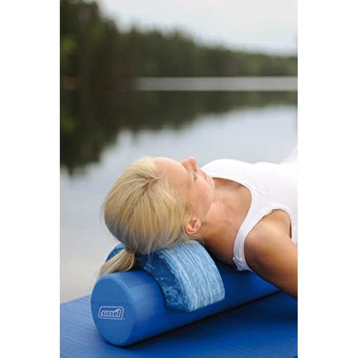 Поролоновий ролик SISSEL Pilates Soft з вирівнювачем для голови, Ø15x90 см, синій, для пілатесу та гімнастики