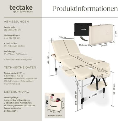 Масажний стіл Tectake® 3 зони, складаний, з регулюванням висоти, алюмінієвий, з аксесуарами (підголовник, підлокітники, сумка) - бежевий