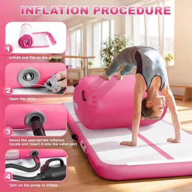 Airtrack мат для гімнастики 10 см, 3м/4м + повітряний рол 100x60см, електричний насос (Рожевий, 300x100x10см + 100x60см)