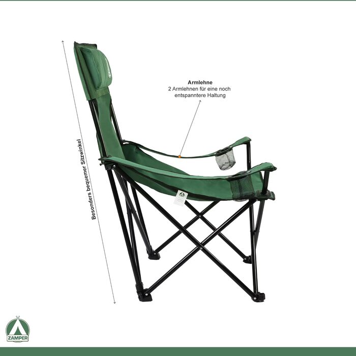 Крісло для кемпінгу Zamper 150 кг, складне – риболовне та кемпінгове з підстаканником та знімною подушкою для голови