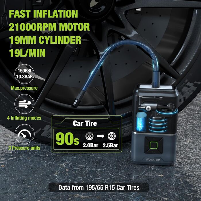 WORKPRO Електричний акумуляторний компресор 150 PSI, портативна бездротова насос-насос для шин, цифровий дисплей, підсвітка, для авто, велосипедів, мотоциклів, м’ячів, з сумкою, 7.2V 2500mAh