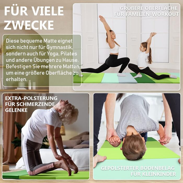 Складаний гімнастичний мат для фітнесу та tumbling 195 x 75 x 3 см, м'який килимок для спорту та ігор з ручками для перенесення, дитячий мат для активних ігор