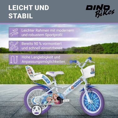 Дитячий велосипед Dino Bikes Холодне Серце для дівчаток, знімні додаткові колеса, кошик і тримач для ляльки, регульоване сидіння та кермо, біло-блакитний, від 2 років
