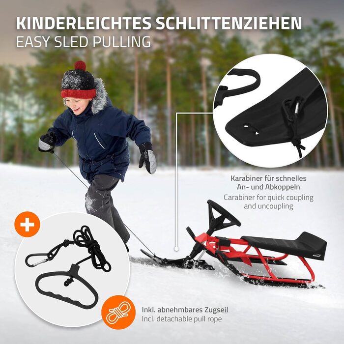 Санки з кермом ECD Germany, для дітей і дорослих, до 90 кг, сталевий каркас, з гальмом і спинкою, 119x38x50 см, червоні
