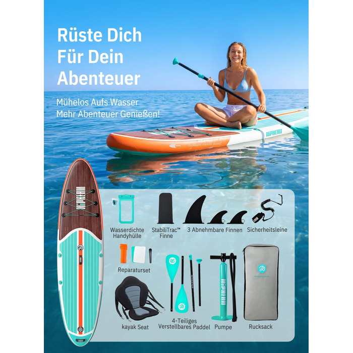 Надувне SUP-борд Niphean з сидінням та аксесуарами, 320 см, для 2 осіб, 200 кг, Classic Wood Grain, StabilTrac-Fin