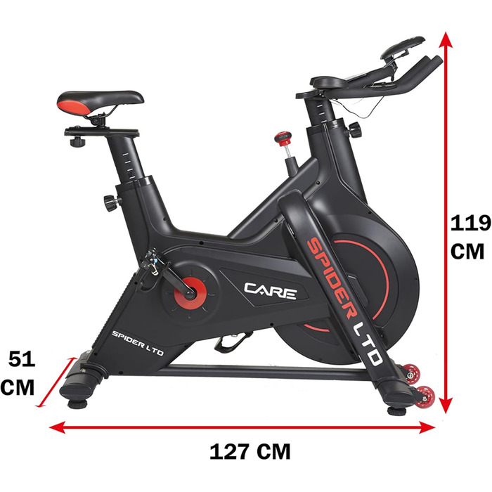 Велотренажер Care Fitness Spider LTD з Bluetooth, магнітним гальмом, ремінним приводом, 15 кг маховиком, програмами Kinomap