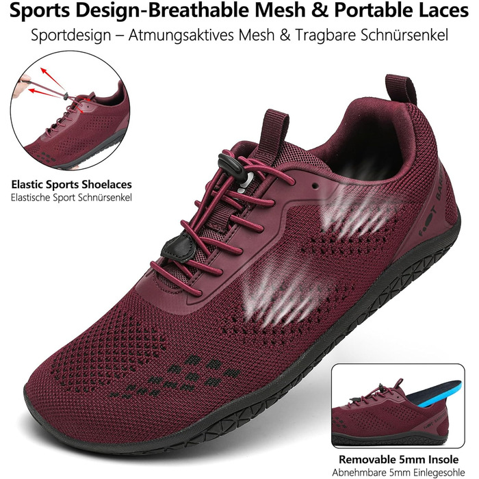 Босижні кросівки Geweo для жінок та чоловіків: зручні, широка передня частина, легкі, для фітнесу, кросфіту, силових тренувань, без підйому, для хайкінгу, унісекс, 37-47EU, бордовий, 45 EU, широкі