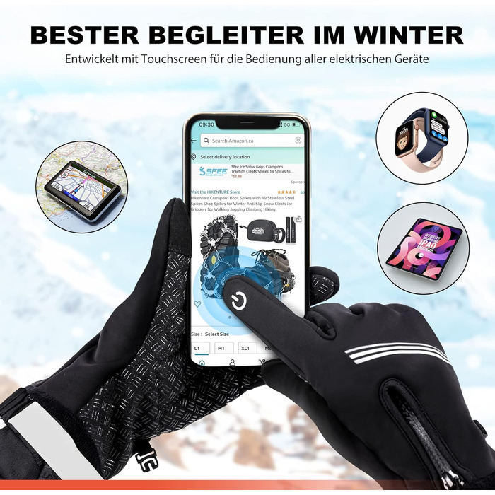 Велосипедні рукавички HIKENTURE: теплі, вітростійкі, з антиковзаючою поверхнею та підтримкою сенсорного екрану. Чорні рукавички з повним пальцем для чоловіків та жінок. Підходять для катання взимку та восени. Розмір M