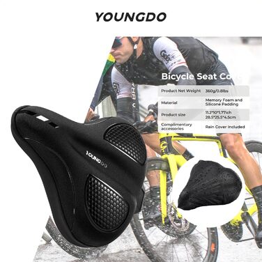 Накидка на сидіння велосипедного крісла YOUNGDO, ергономічна гелева підкладка, м'яка та комфортна, з дощовим захистом, для жінок та чоловіків (Чорний, Широкий)
