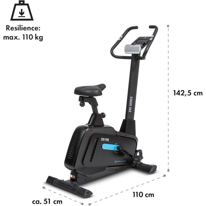 Велотренажер Capital Sports Evo Heimtrainer Bluetooth, магнітний, 32 рівня, ергометр, тримач для планшета, пульсометр, додаток, чорний
