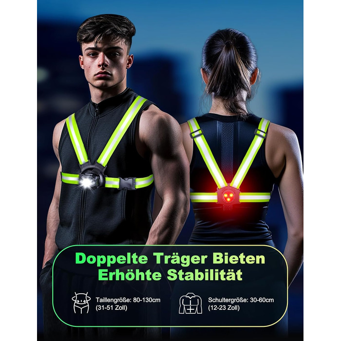 Лампа для бігу Lauflampe Joggen: нагрудна лампа з проблисковим світлом, 500 люмен, кут нахилу 45°, 2 кольори світла, USB-C, IPX4, подвійний ремінь з 360° світловідбивачами для кемпінгу, активного відпочинку, велоспорту (без заднього ліхтаря)