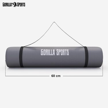 Фітнес-мат для йоги GORILLA SPORTS 190x60x1,5 см, сірий, нековзний, без фталатів, з ременем для перенесення