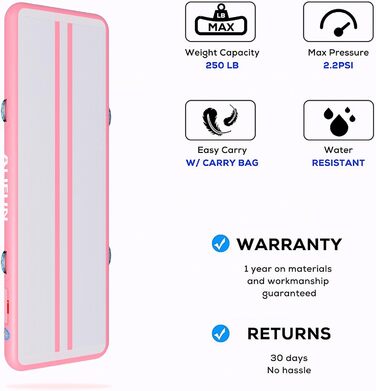 ALIFUN Гімнастичний надувний мат та акробатики надувний, 2/3/4/6 м, 10/20 см товщина, з насосом, для дому, фітнесу, тренувань, челедингу, басейну, світло-рожевий, 300x100x15 см