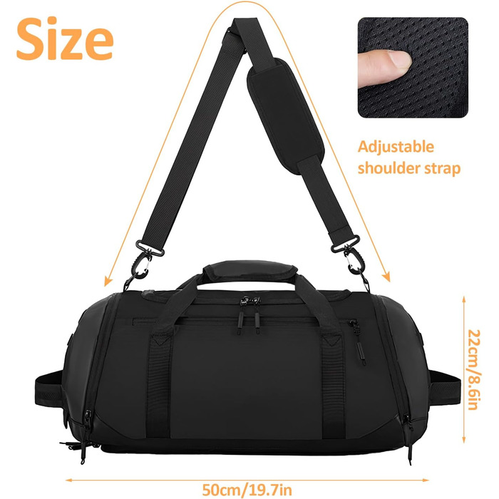 Спортивна сумка для чоловіків та жінок, велика дорожня сумка з відділенням для взуття та мокрих речей, водонепроникна сумка для спорту, тренувань, плавання та подорожей, сумка-вояджер, чорна