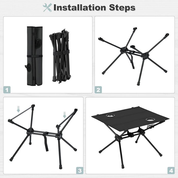 Стіл для кемпінгу WOLTU: легкий, складаний, з підстаканниками, для пікніків, подорожей та відпочинку на природі (чорний)