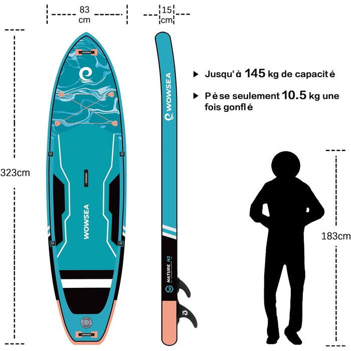 Надувне SUP-борд WOWSEA для туризму, йоги та відпочинку, комплект з насосом, веслом та сидінням, блакитний