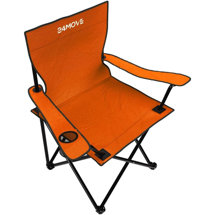 Складний стілець 24MOVE® для кемпінгу, риболовлі та відпочинку на природі з підстаканником. Зручний, компактний, з поліестеру, оранжевого кольору.