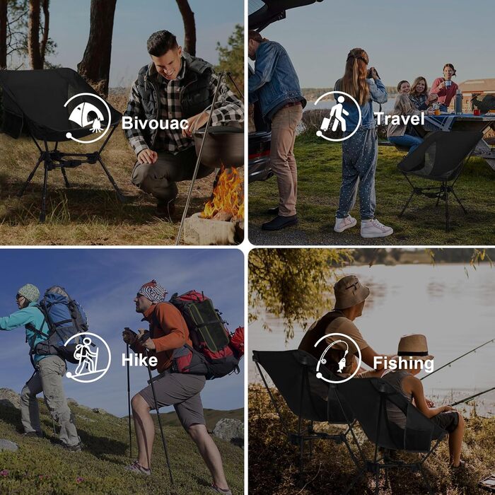 Складний туристичний стілець TOPCHANCES для кемпінгу та відпочинку на природі, чорний. Максимальне навантаження: 150 кг, з бічною кишенею та дихаючою сіткою.