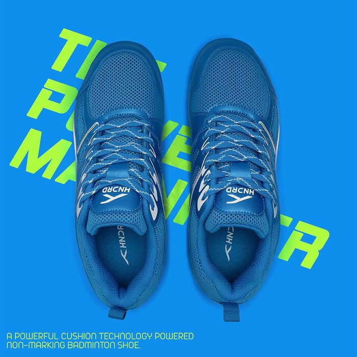 Професійне бадмінтонне взуття HUNDRED Xoom для чоловіків, синьо-біле, 41 EU. Підходить для бадмінтону, тенісу, сквошу, настільного тенісу, баскетболу та падел-тенісу. Матеріал верху: поліестер, підошва: гума.