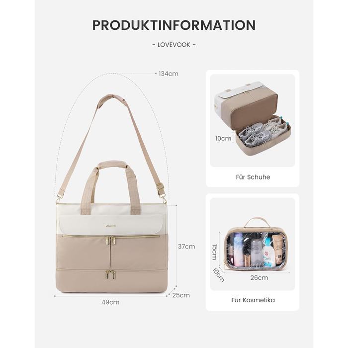 Спортивна сумка LOVEVOOK Weekender 45L з відділенням для взуття та мокрих речей, для подорожей, спортзалу, пологового будинку, ручної поклажі (зелено-бежева)